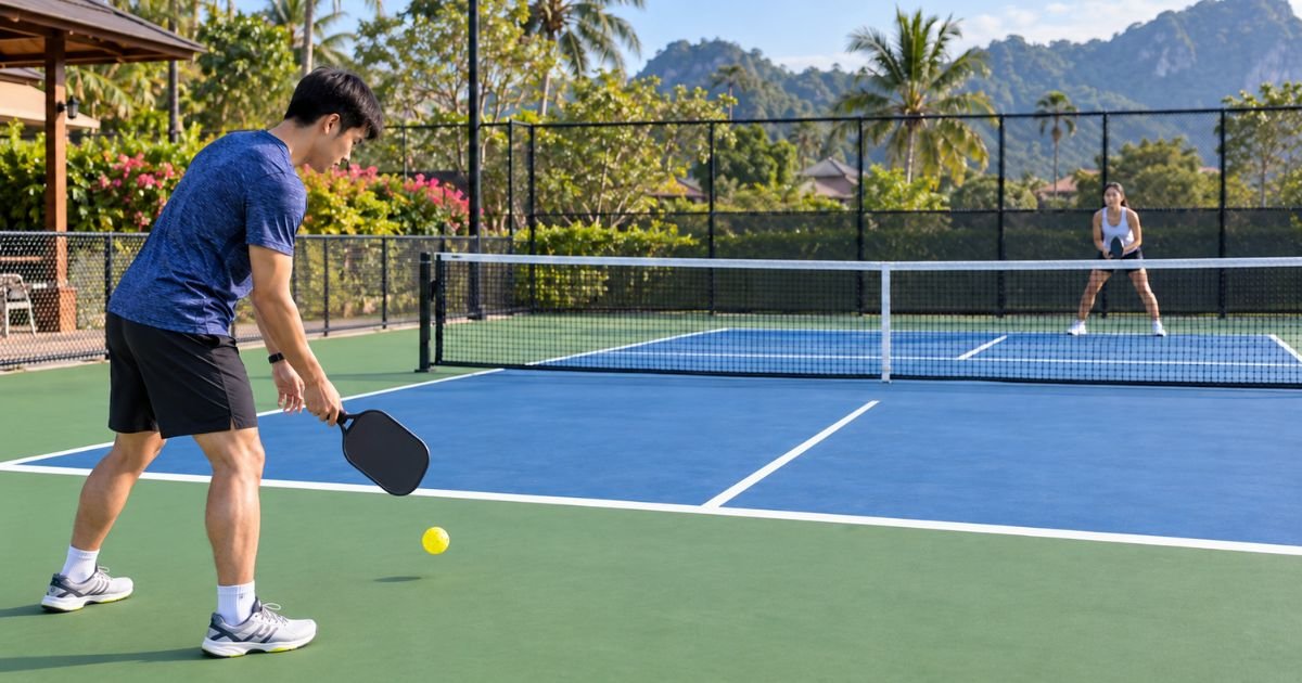 ผู้เล่นเตรียมตี Drop Serve โดยปล่อยลูกให้กระดอนและยืนหลังเส้น Baseline