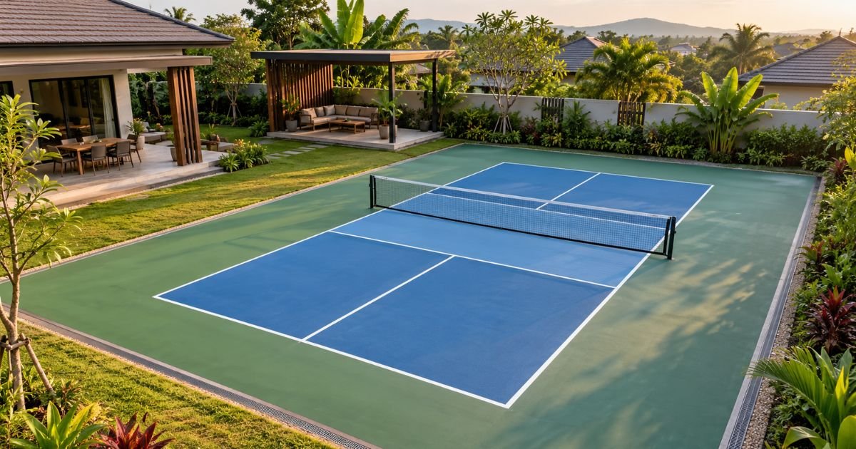 สนามพิคเคิลบอลกลางแจ้งที่บ้าน พร้อมพื้นที่รอบสนามและระบบระบายน้ำ